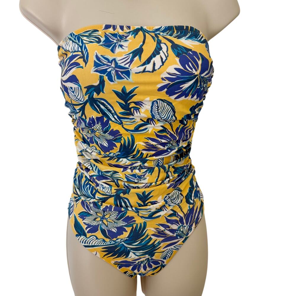 J. Crew Yellow & Blue Tropical Floral Strapless Swimsuit One Piece Ruched